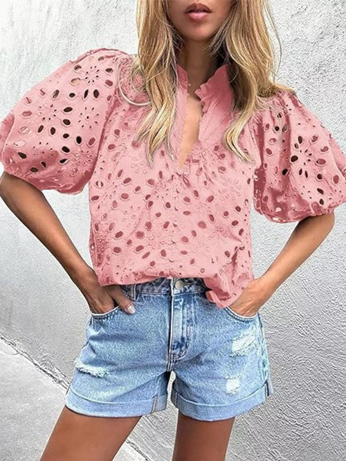 Eyelet Embroidered Puff Sleeve Blouse with Button Details