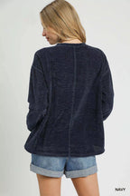 Umgee Navy Blouse Round Neck Long Sleeve Side Slit Top 091c10ce-da70-4b41-b47d-8370c2457b90-Max-Origin Trendsi