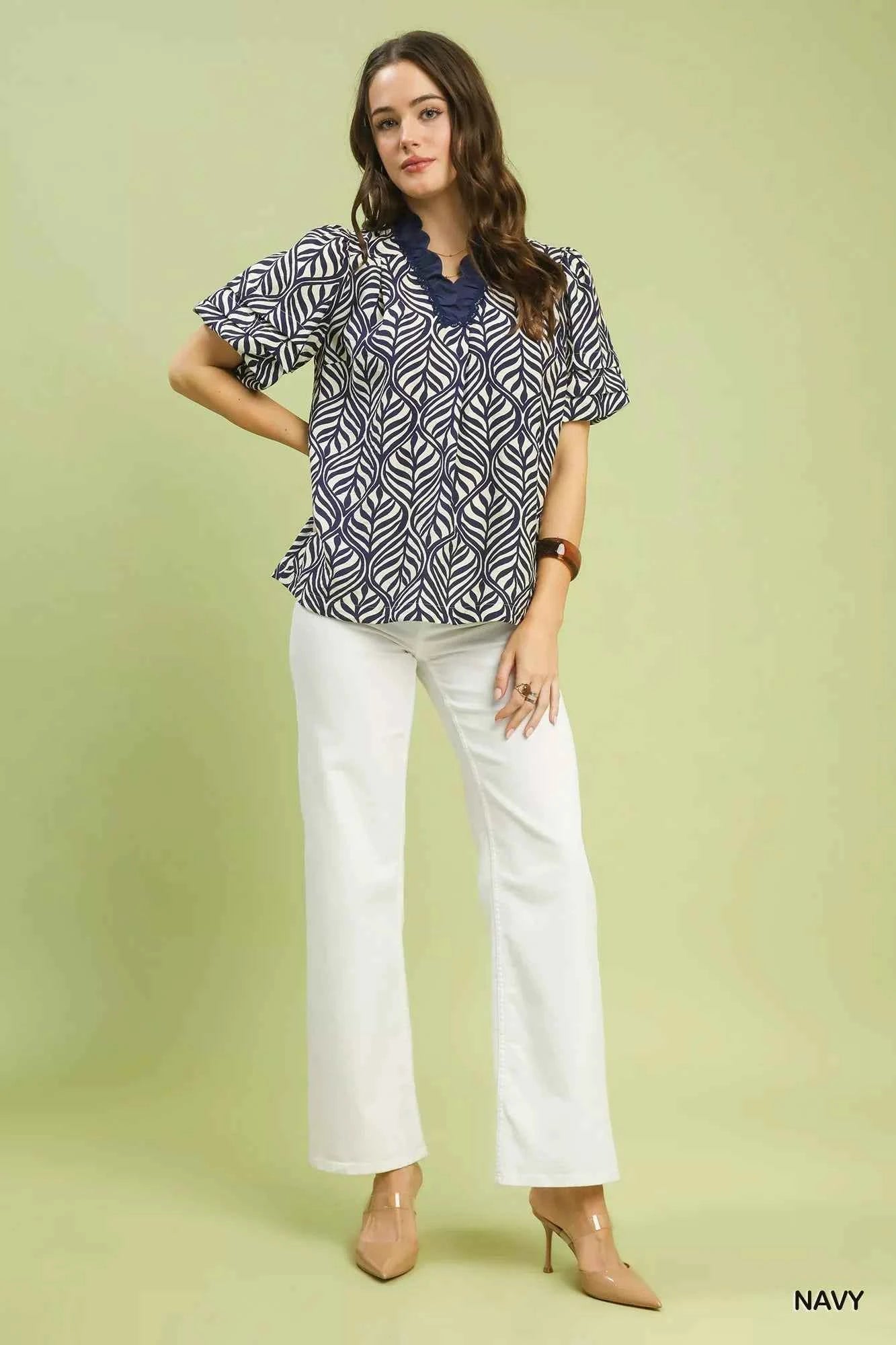 Umgee Printed Puff Sleeve Ruffle Neck Top