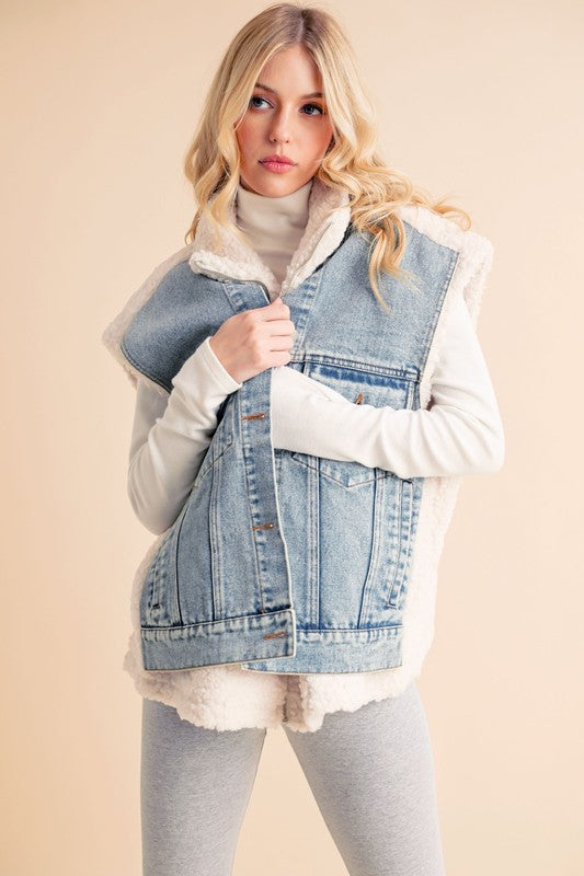 Aemi + Co Denim Vest Coat Fake Two Pieces Patch Sherpa Outwear 09295bb1-0883-4181-995f-16c6415f8ebc-Max Trendsi