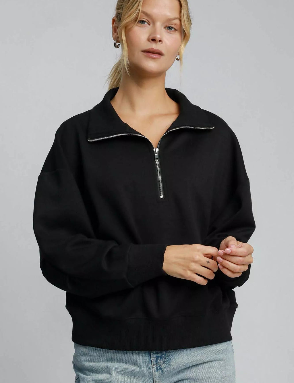 Umgee Women's Sweatshirt Black Half Zip Collar Drop Shoulder Long Sleeve Black 092a53f7-17f2-432a-86d0-1700a9ca7e6d-Max-Origin Trendsi