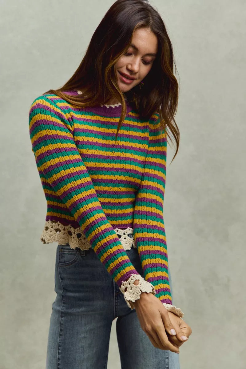 SO ME Mardi Gras Striped Cropped Knit Top with Crochet Edge 092df314aec446b4bdfaa3e5f74b8fb0-Max-Origin Trendsi