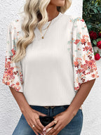Ribbed Texture Floral Print Half-Sleeve Patchwork Top