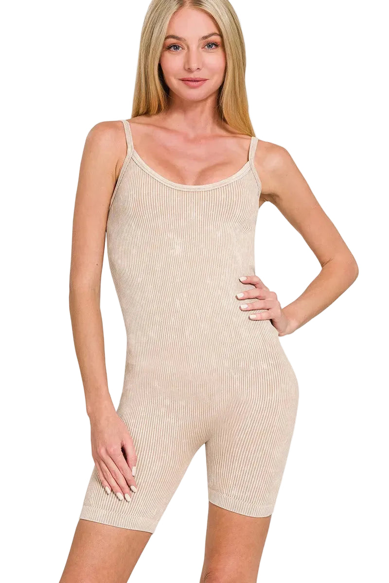 Zenana Stone Washed Ribbed Seamless Romper
