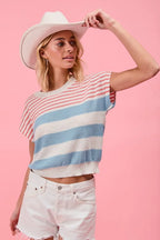 BiBi Women's Knit Top Striped Lightweight Short Sleeve Red Blue Sweater 09599e27c3fd4f7e9d74c2c6ed545d77-Max-Origin Trendsi