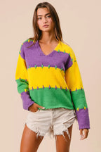 BiBi Womens Sweater Mardi Gras Stripes Stitch Detail Knit Pullover 0961ec7625d64a5ba4b4930c4f53e5e3-Max-Origin Trendsi