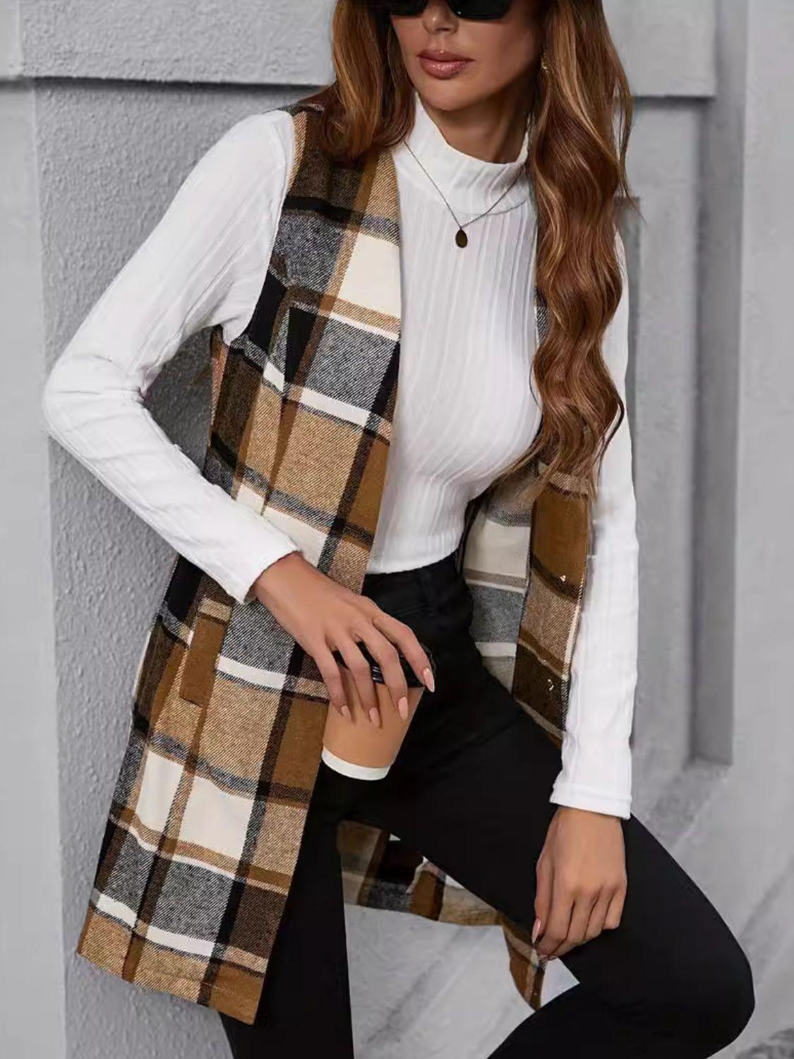 Vest Coat Plaid V-Neck Sleeveless Buttoned Outwear 0965c335-19bf-47f5-868b-e9fb7b00906b-Max Trendsi