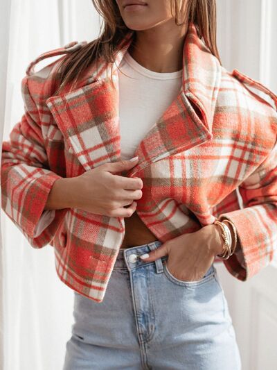 Plaid Cropped Women's Jacket Lapel Collar Single Breasted Long Sleeve Outwear Orange 096e59f8-f9a5-423b-baa3-e5c6248a55e2-Min Trendsi