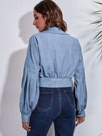 Cropped Jacket Women's Button Down Collared Long Sleeve with Flap Pockets 09726fac-2904-4326-a773-494c95f23241-Min Trendsi