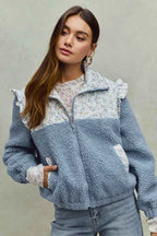 SO ME Women Jacket Faux Fur Sherpa Blue Pull with Floral Ruffle Contrast Zipper 0972f4d2eb8247eab4fc000fe4511d97-Max-Origin Trendsi