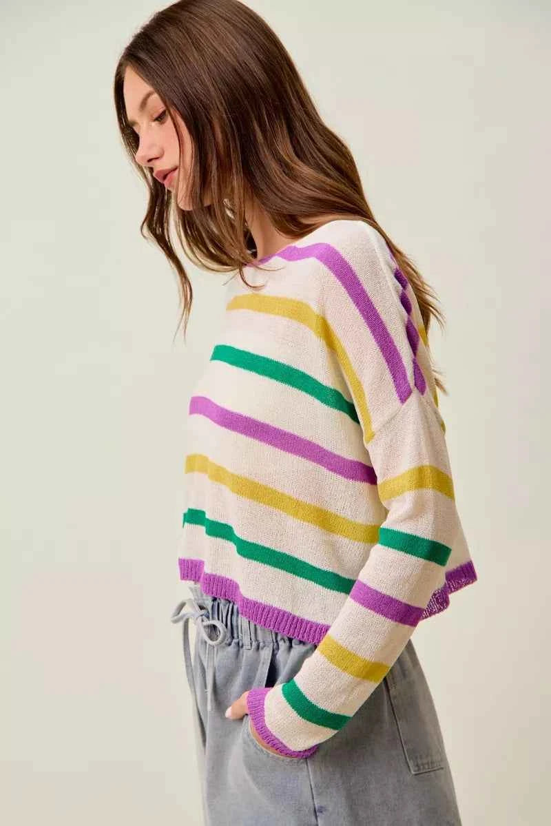 SO ME Mardi Gras Color Stripe Lightweight Sweater Top