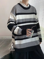 Men's Striped Sweater Black White Textured Knit Oversized Pullover 097cf766bc3549c19415ccf12125cc30-Max-Origin Trendsi