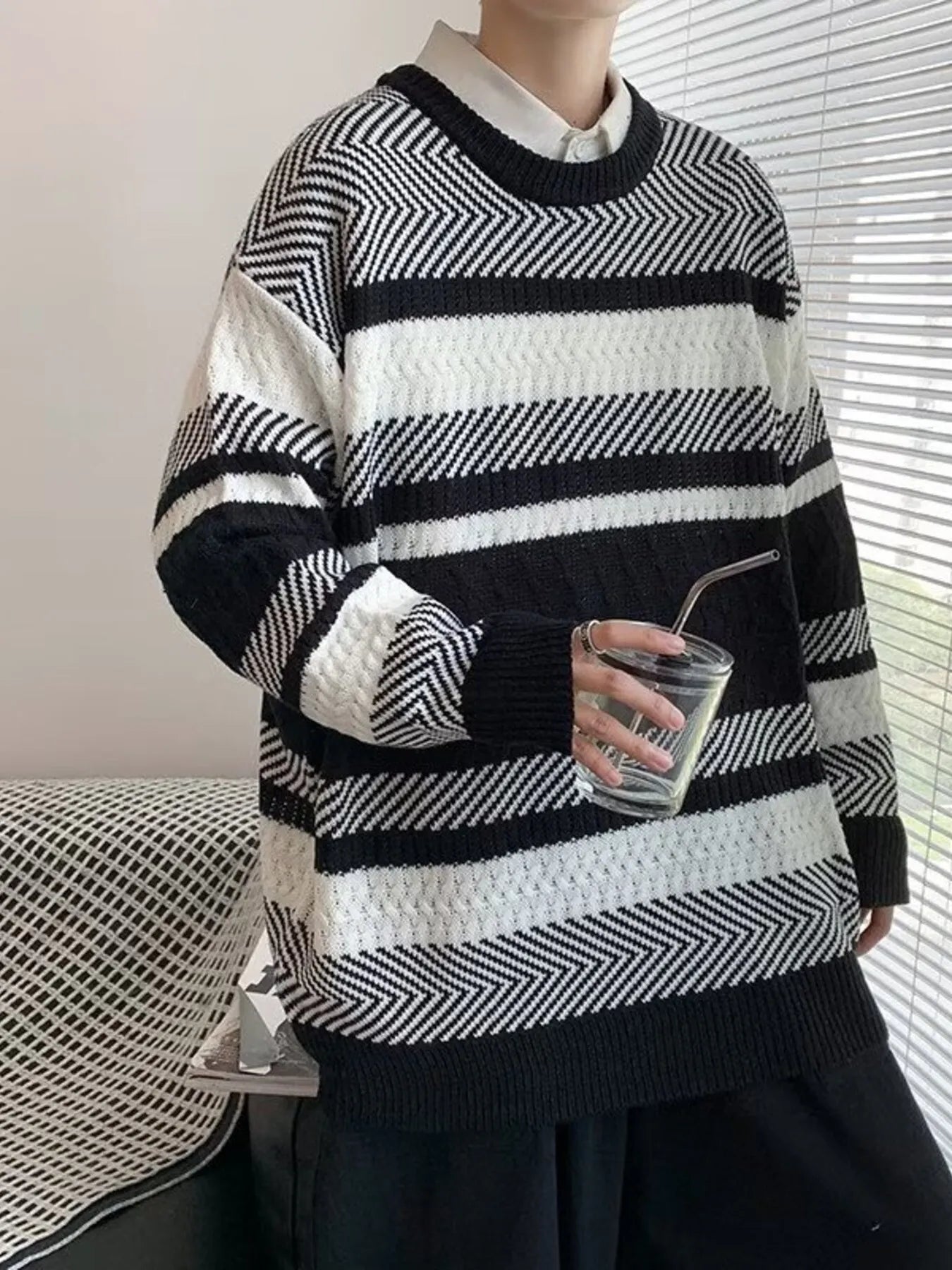 Men's Striped Sweater Black White Textured Knit Oversized Pullover