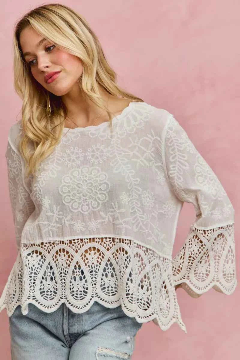SO ME Floral Embroidered Crochet Lace Trimmed Top