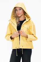 How Dare U Women PU Leather Jacket Drawstring Hem Zip Up Jacket Yellow 09903f67-4523-436b-92a5-65321f38a033-Max Trendsi
