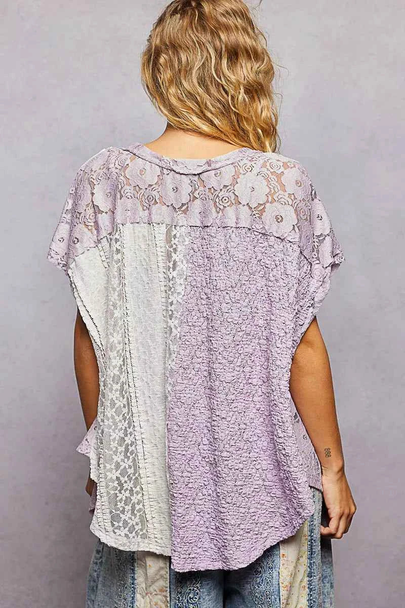 POL Asymmetrical V-Neck Short Sleeve Lace Top