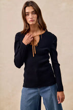 BiBi Womens Knit Top Black Ribbed Camel Contrast Front Tied Top with Shrried 09965b7705724bd8bfe525f9cb74250f-Max-Origin Trendsi