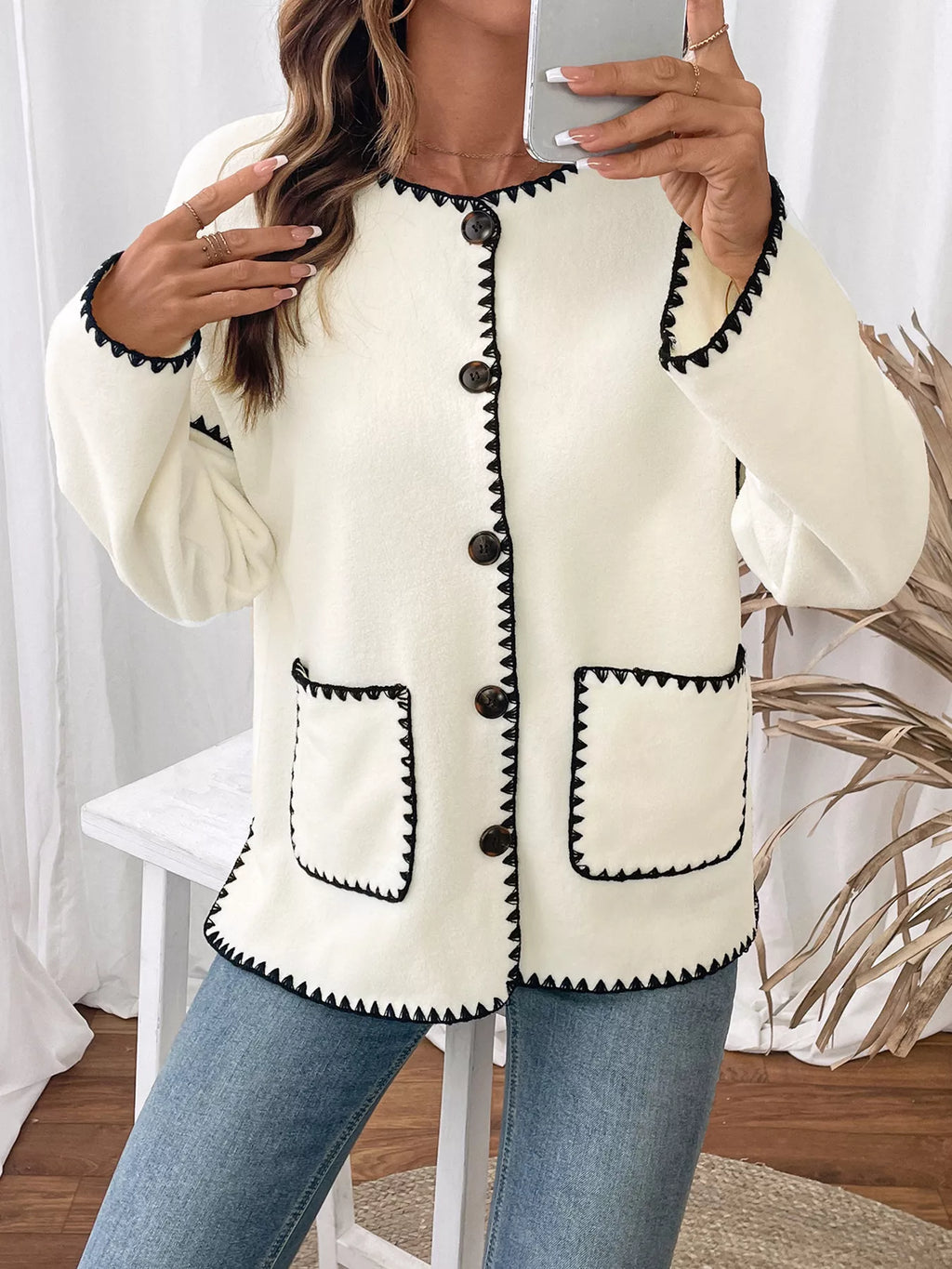 Women's Jacket Cream Contrast Trim Button Up Pocketed Outwear 09a66404-e70f-47c4-bc6b-9eea658b9822-Max-Origin Trendsi