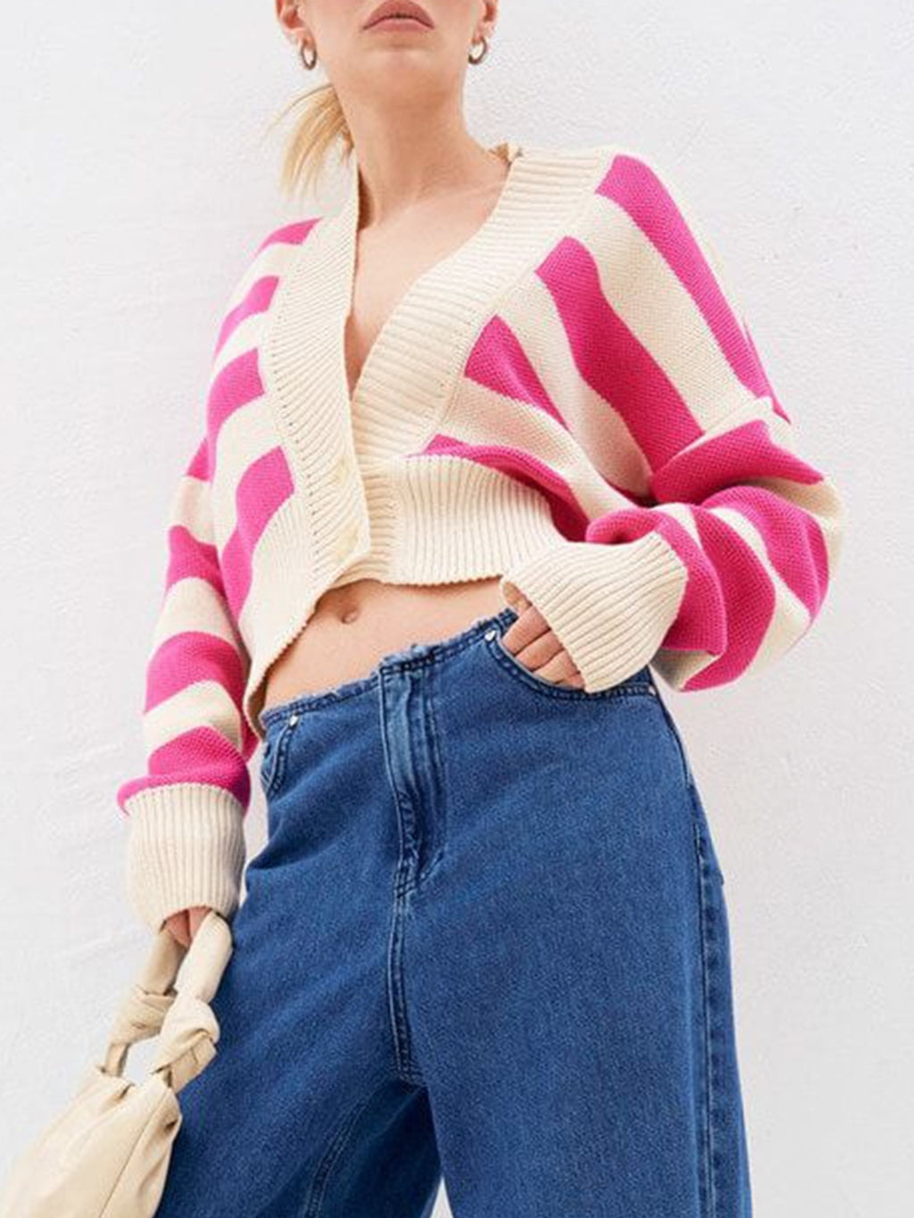 Women Cardigan Striped V Neck Button Down Long Sleeve Soft Acrylic Sweater 09a74f41-99cc-4889-a000-78c9bb823d86-Max Trendsi
