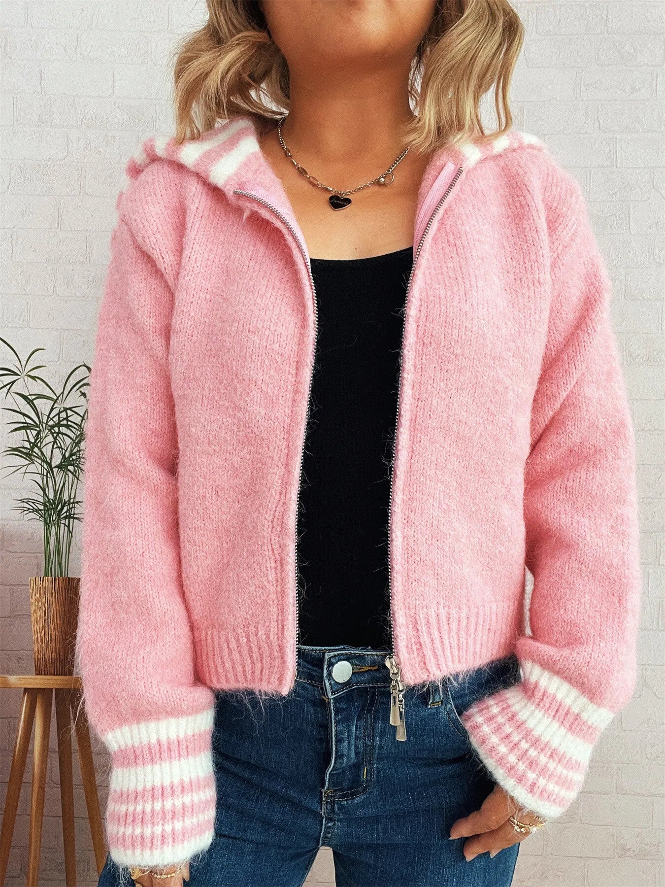 Women's Cardigan Striped Zip-Up Knit Long Sleeve Collared 09b23a8c4dd84930aef210eca306f9b2-Max-Origin Trendsi