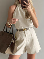 Women's Outfit Set Linen Cotton Sleeveless Tank Top and Shorts Set Kahki 09b80ee0-f679-494d-9c75-d8d962d4dc0a-Max-Origin Trendsi