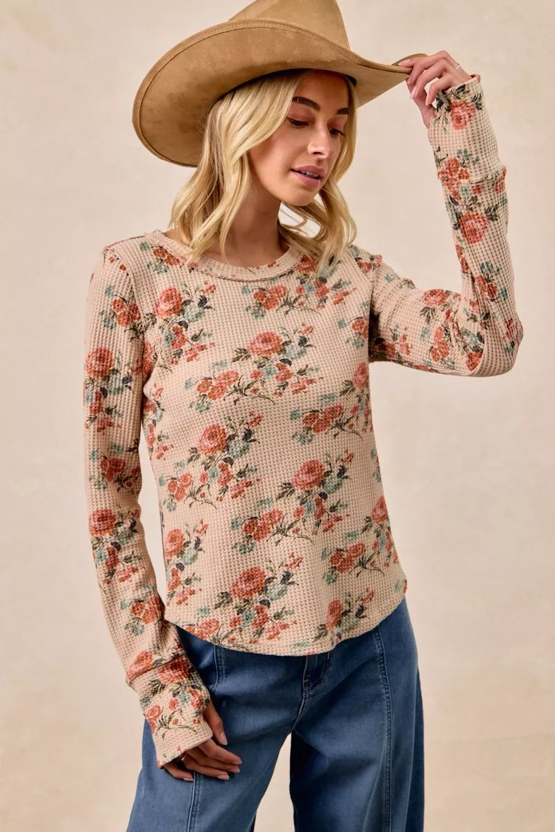 BiBi Womens Blouse Taupe Floral Print Washed Waffle Thermal Top with Thumbs 09be1745a0fc40909349e3f186a22a2d-Max-Origin Trendsi