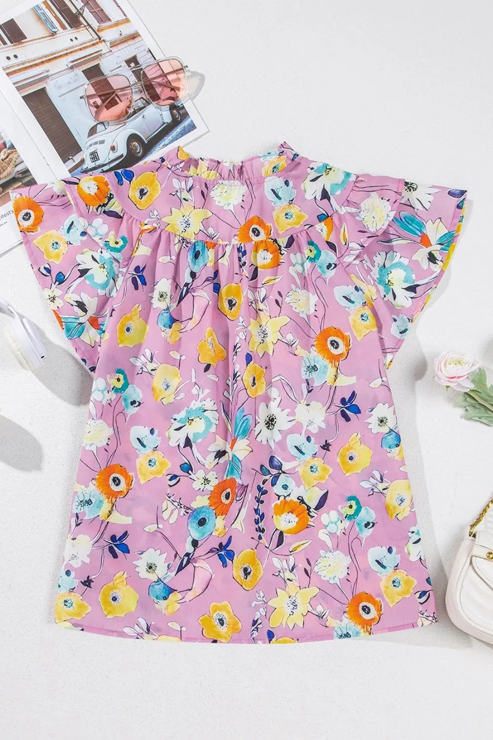 Floral Blouse Colorful Printed Notched Double Layered Ruffle Sleeve Top 09be274c-fdd2-4cc5-a415-a2e4b6ac8df3-Max-Origin Trendsi