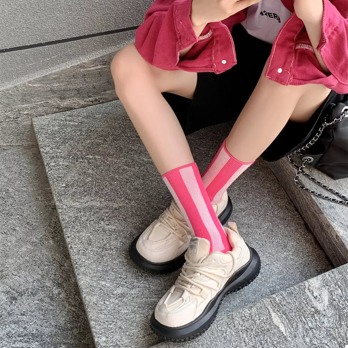 Women's Crew Socks Cotton Contrast Striped Accessories Pink One Size 09bf9bad-8a33-449d-892a-0dee4398f03c-Max-Origin Trendsi