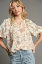 Umgee Top Floral Print Tan Boxy Cut Split Neck Short Sleeve Blouse Tan 09c6cbec-414d-493b-961b-26b574c45113-Max Trendsi