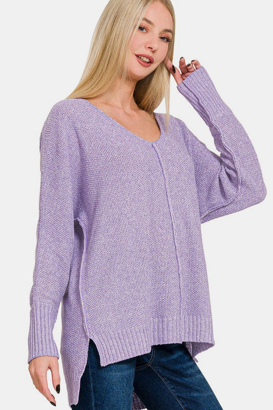 Zenana Sweater Lavender High-Low Center Seam V-Neck Long Sleeve