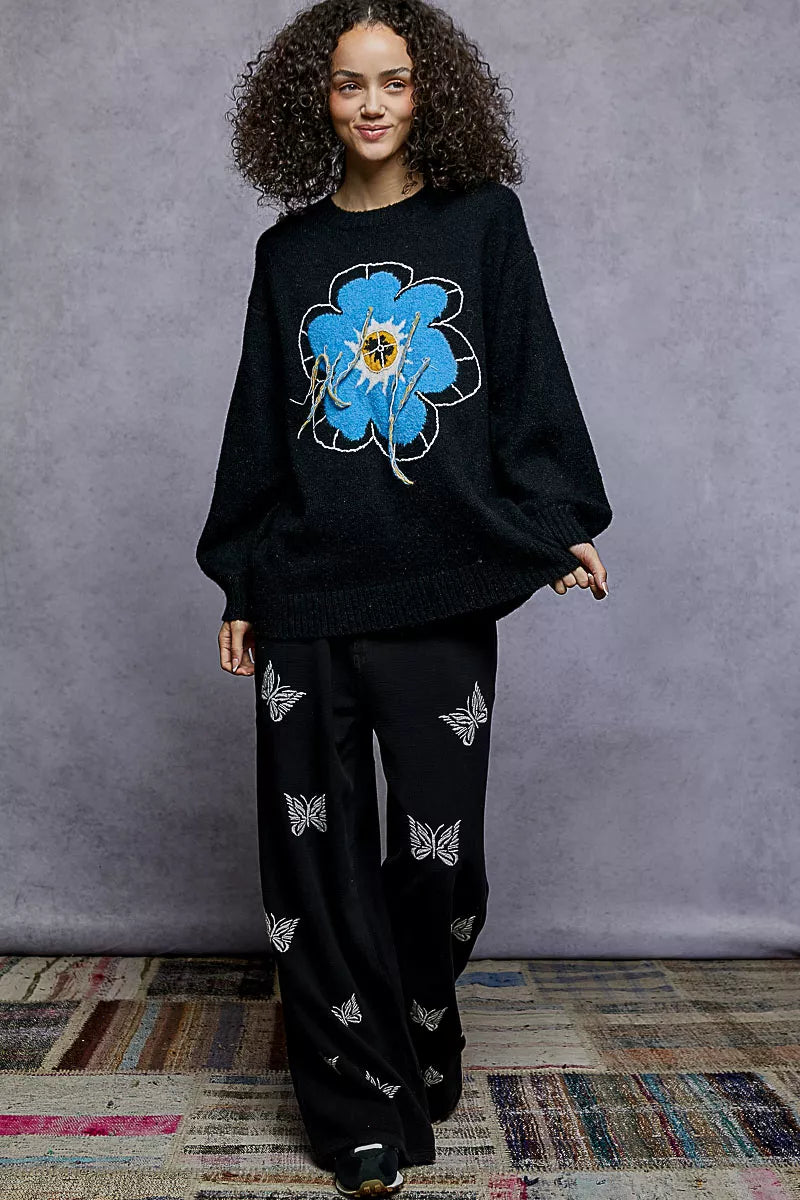 POL Black Sweater Floral Pattern Round Neck with Exposed Stitching Pullover 09d17715-d4f6-493a-8e2e-b8ba6d5e794e-Max-Origin Trendsi