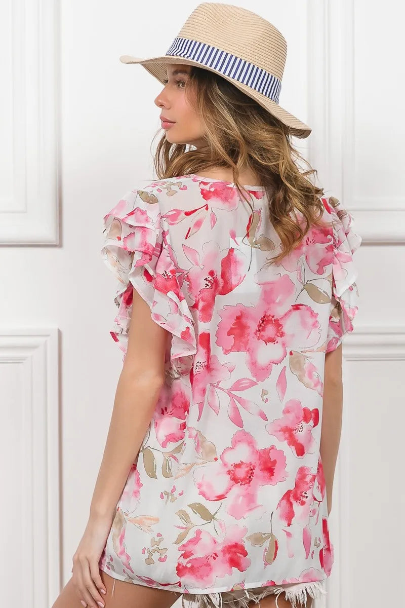 BiBi Blouse Ruffled Floral Print Flutter Sheer Top Short Sleeve 09d9551144da46519b2d30a3ff1e05d4-Max-Origin Trendsi
