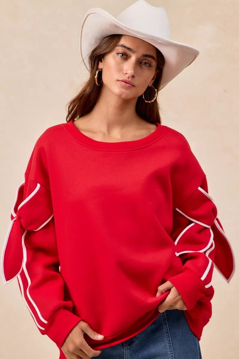 BiBi Fleece Sweatshirt Red Bow Detail Sleeves Womens Pullover 09da450d-ccab-497f-9088-e356248e20f7-Max-Origin Trendsi