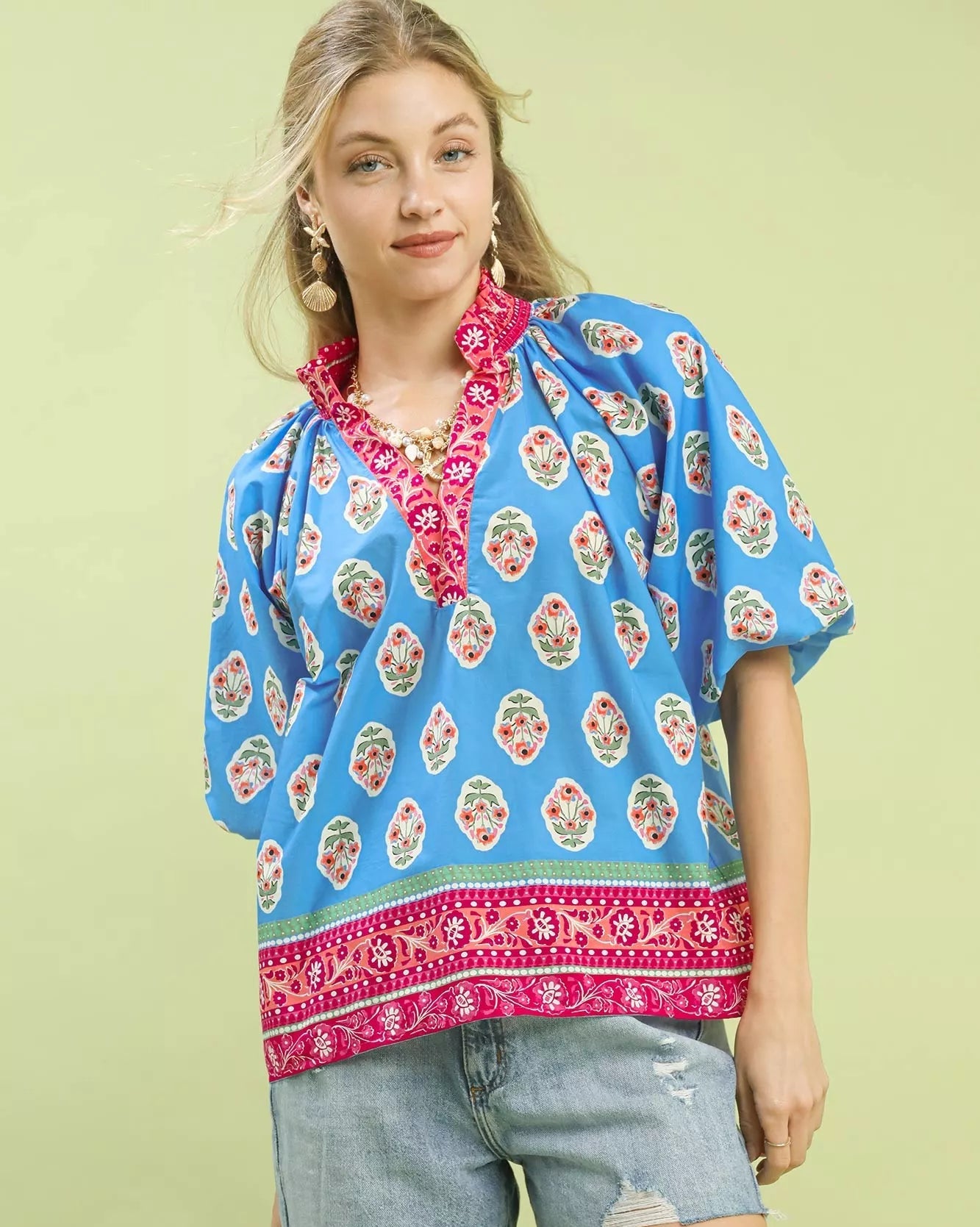 Umgee Womens Blouse Blue Boho Border Print Peasant Short Sleeve Top BLUE 09de6cb0-1edb-4941-9691-c417764d5142-Max-Origin Trendsi