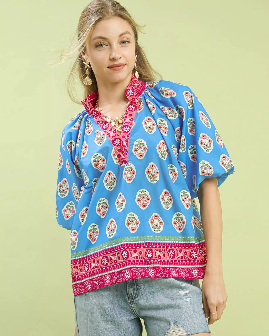 Umgee Womens Blouse Blue Boho Border Print Peasant Short Sleeve Top BLUE 09de6cb0-1edb-4941-9691-c417764d5142-Max-Origin Trendsi