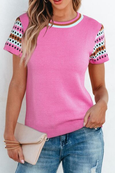 Women Knit Top Fuchsia Pink Contrast Check Short Sleeve Round Neck 09e4bac7-6d2e-44c3-8517-ec5d9f5e6b2d-Min Trendsi