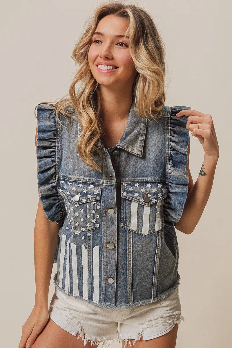 BiBi Denim Jacket American Flag Pockets Washed Ruffled Sleeves 09e6e95e-da1c-4e97-9786-73bf8d275fe7-Max Trendsi