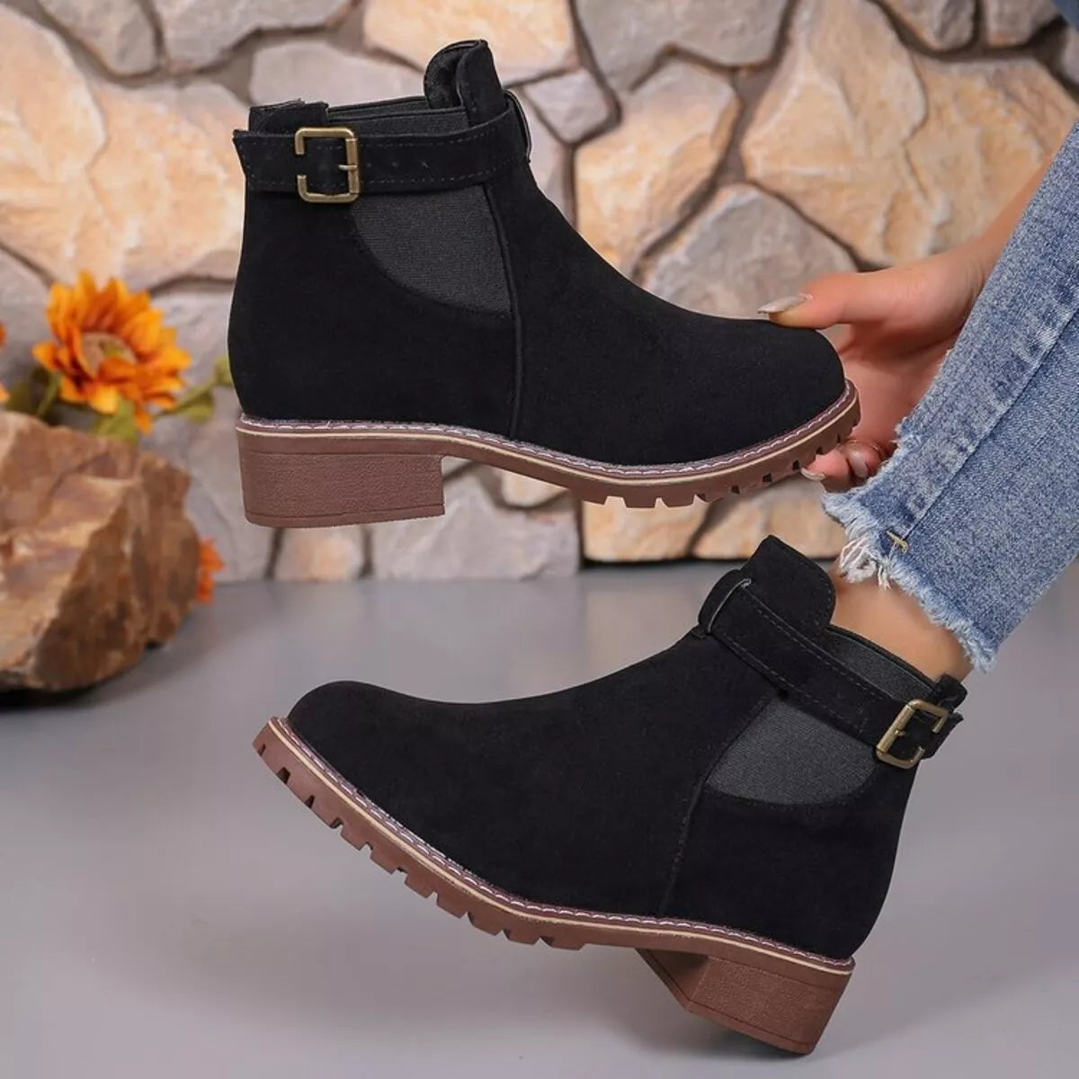 Women's Ankle Boots Round Toe Block Mid Heels Shoes Black 09ebb51a85fb40a1bd72dc2ec73b852c-Max-Origin Trendsi