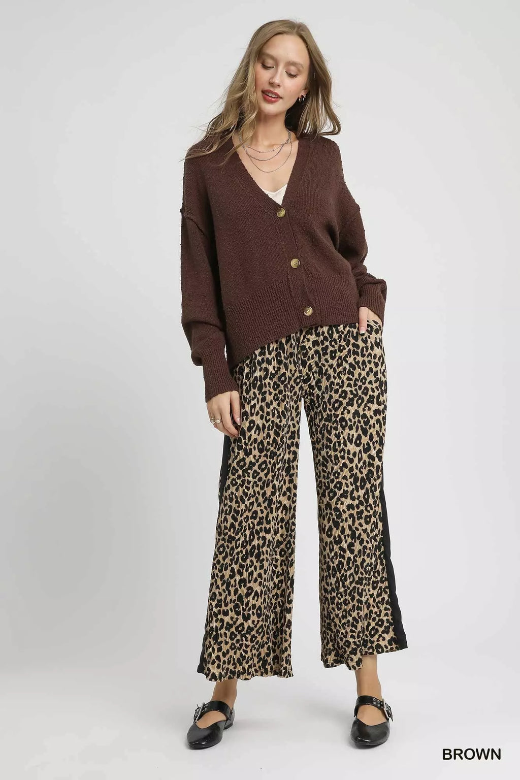 Umgee Women's Knit Cardigan Brown Button-Front V-Neck Solid Sweater 09fa89e7-7006-4413-8e79-2bb445030624-Max-Origin Trendsi