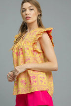 Umgee Blouse Sherbet Yellow Floral Printed Ruffle Cap Short Sleeve Top 0a141371-7d61-4c1e-b7b8-b5cda53e8268-Max-Origin Trendsi