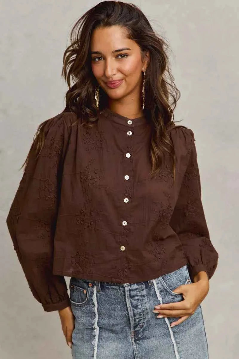 SO ME Women Shirt 3d Floral Brown Woven Cotton Long Sleeve Front Button Top 0a1e416b95c348308fabc57155ec23f6-Max-Origin Trendsi