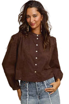 SO ME Women Shirt 3d Floral Brown Woven Cotton Long Sleeve Front Button Top 0a1e416b95c348308fabc57155ec23f6-Max-Origin Trendsi