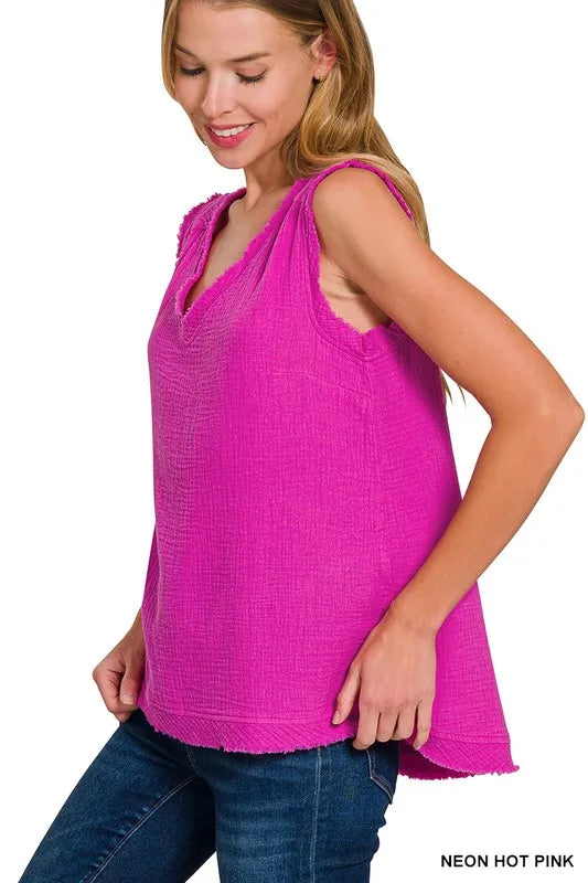 Zenana Tank Top Neon Hot Pink Double Gauze Raw Edge V-Neck 0a2c47d77fc24b84947cf8fd4f7ceef6-Max-Origin Trendsi
