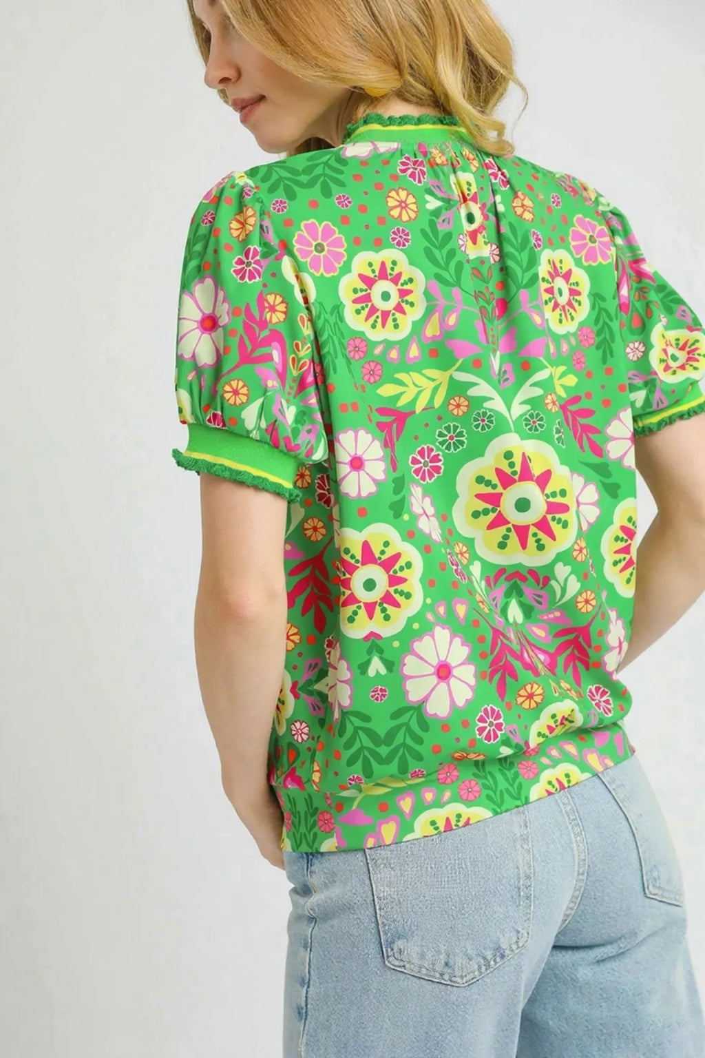 Umgee Blouse Green Mix Floral Retro Puff Short Sleeve Top 0a2d894c-8212-409e-aee6-fdf4a97b00ab-Max-Origin Trendsi