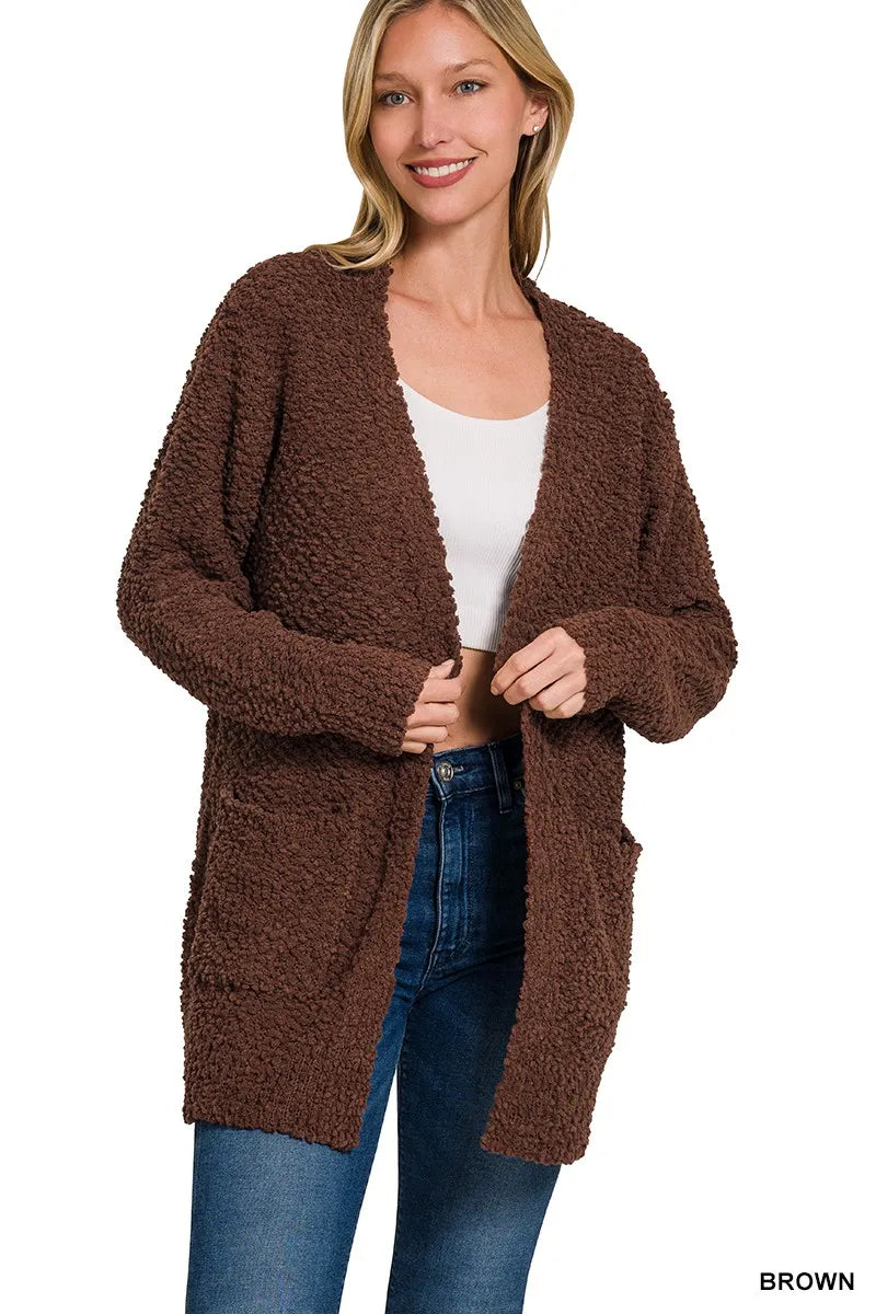 Zenana Sweater Cardigan Women's Long Sleeve Popcorn Knit with Pockets BROWN 0a32ab5452e84431997e5da433d576a0-Max-Origin Trendsi