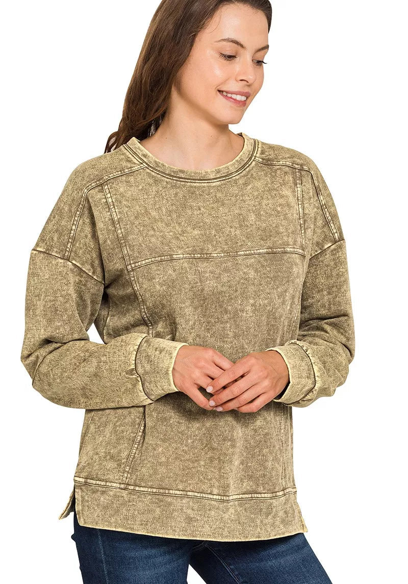Zenana Acid Wash French Terry Exposed-Seam Pullover