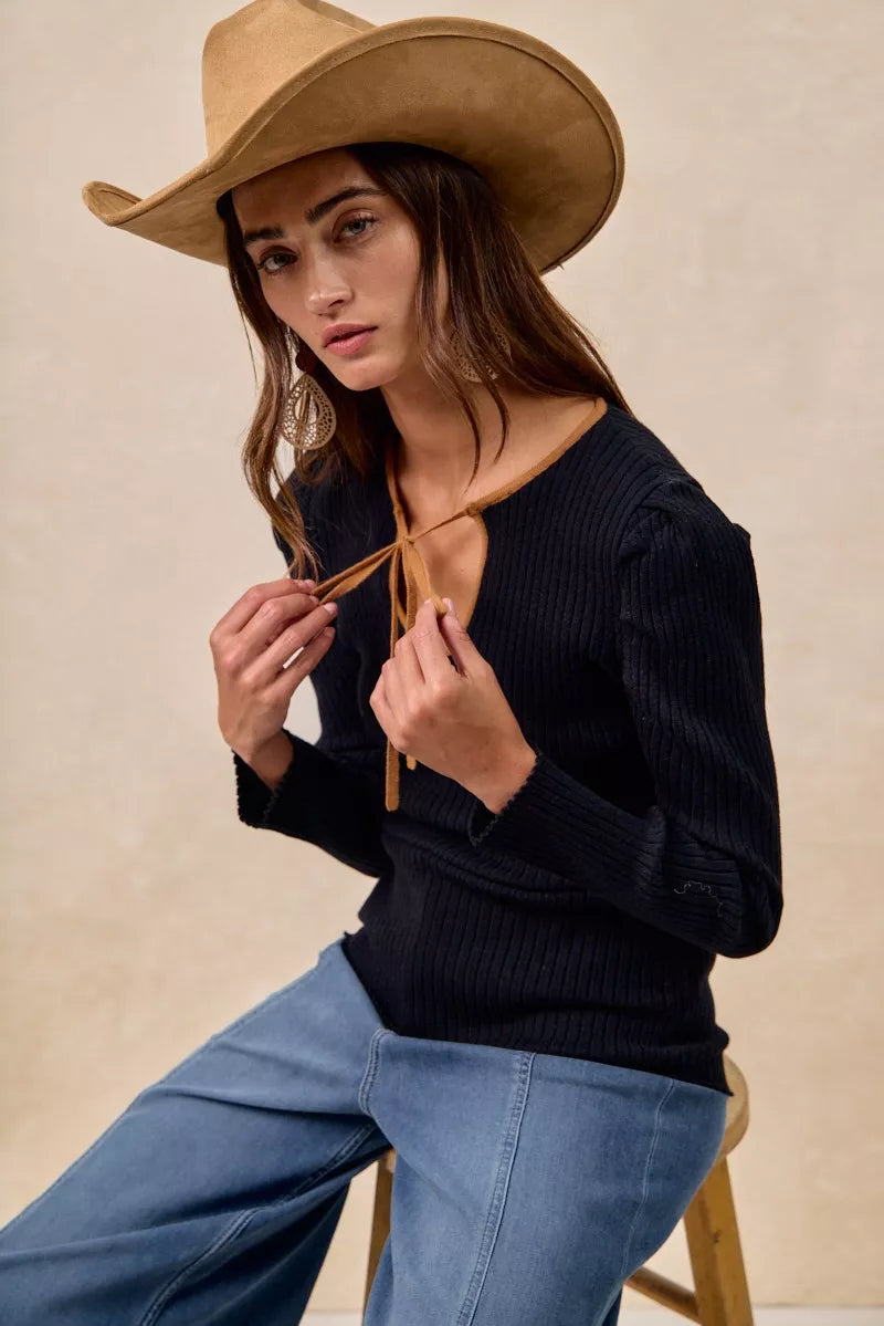 BiBi Womens Knit Top Black Ribbed Camel Contrast Front Tied Top with Shrried 0a3d48eca17247d1a426f7e60b7ec557-Max-Origin Trendsi