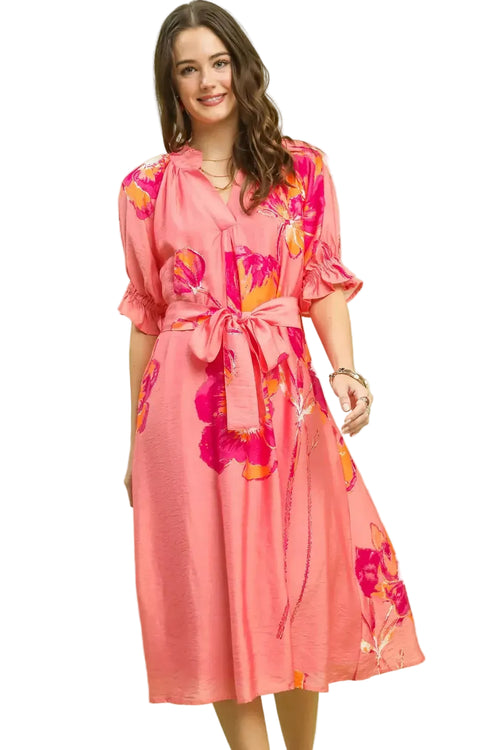 Umgee Floral Flounce Sleeve Midi Dress with Belted Waist