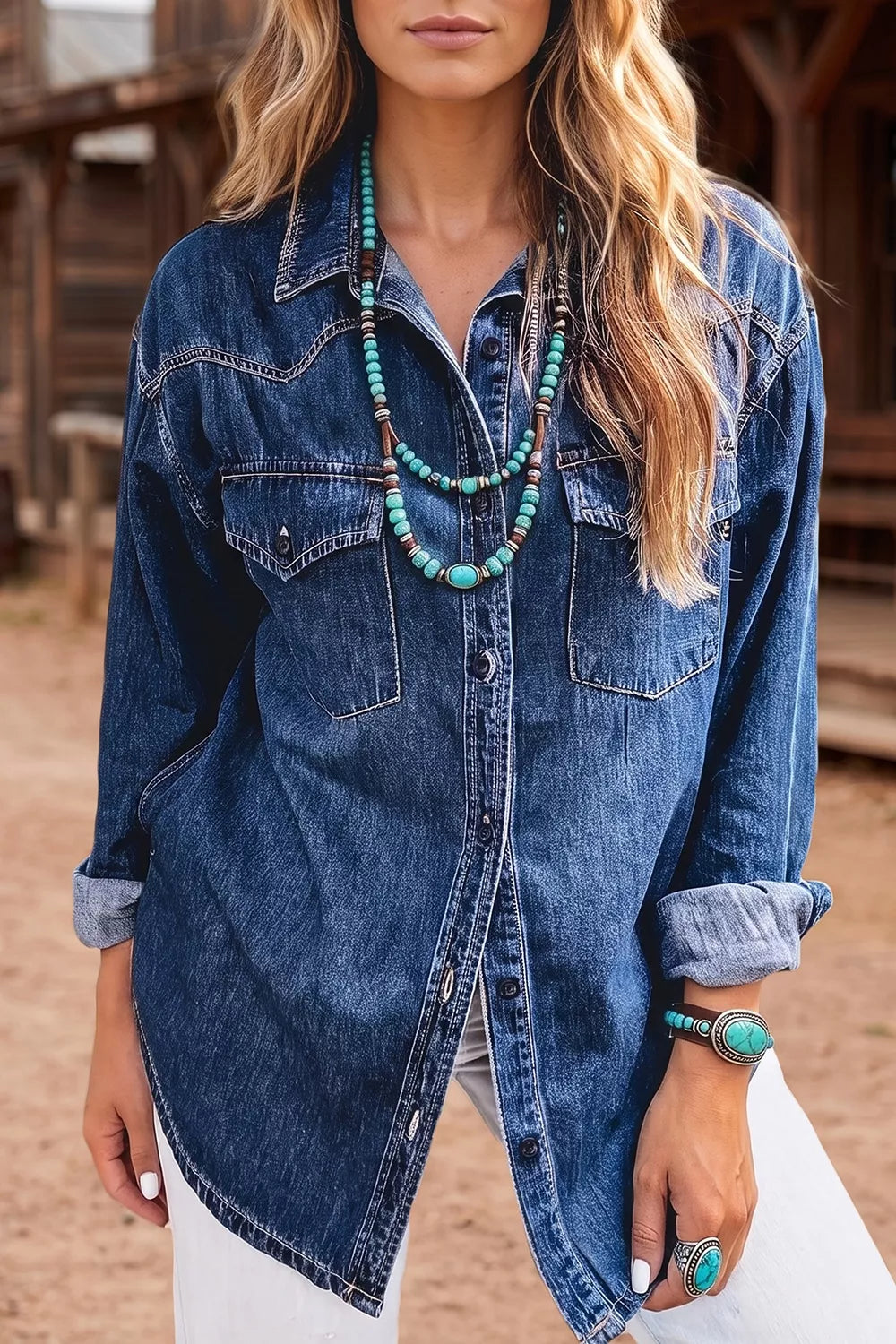 Modelo con camisa vaquera azul lavado medio, bolsillos parche y costuras contraste, joyería turquesa al aire libre.