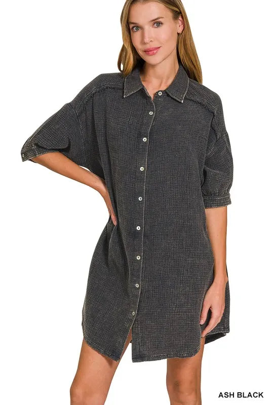 Zenana Shirt Dress Ash Black Washed Double Gauze Oversized Pocketed ASH BLACK 0a44dc674d654f6f88a725624e127ea9-Max-Origin Trendsi